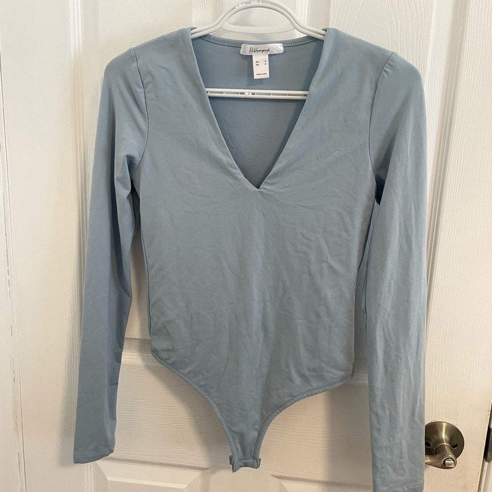 ReVamped Blue V Neck Long Sleeve Bodysuit